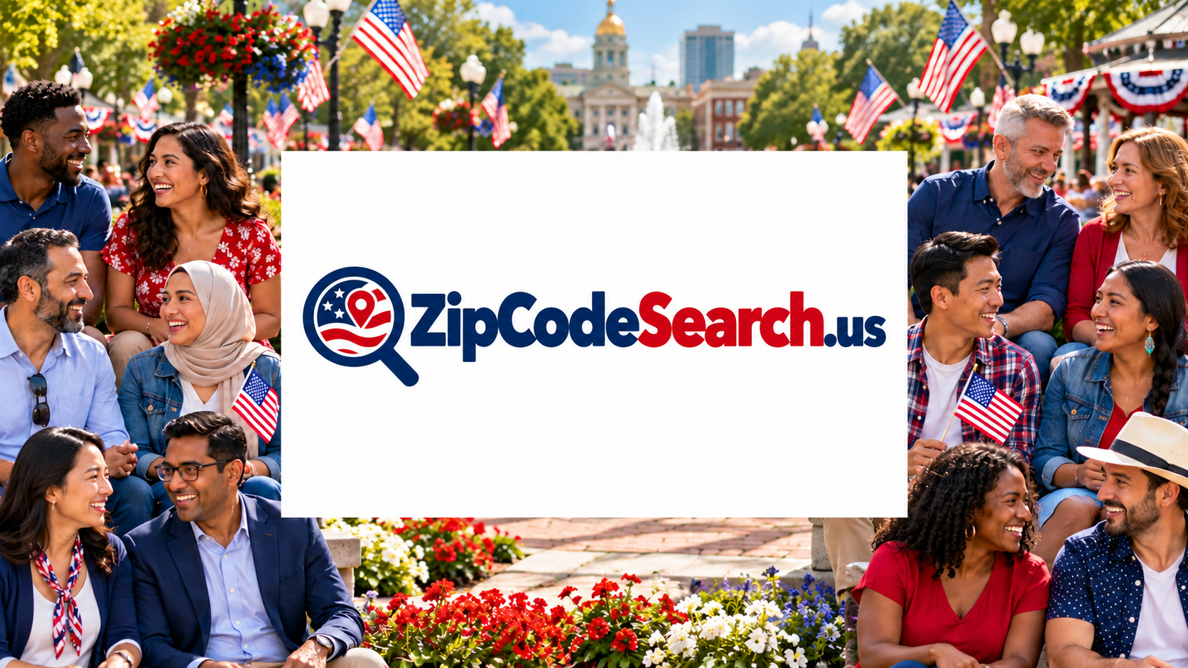 A diverse community gathered in an American plaza around the ZipCodeSearch.us logo